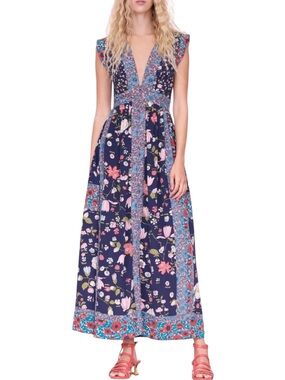 Rebecca Taylor Dark Floral Silk Patchwork Maxi Dress Boho Hippie Romantic Size 2
